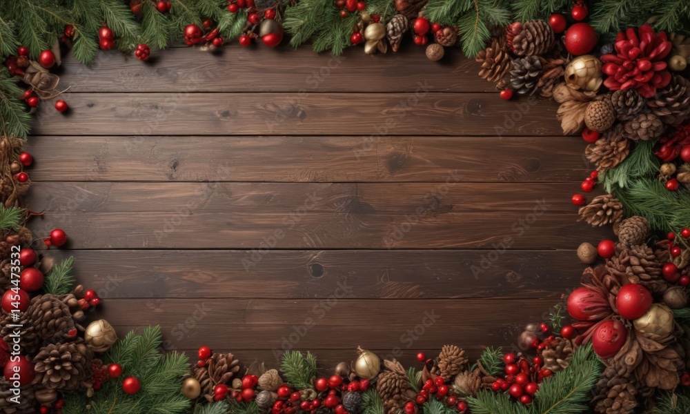 Rustic wooden background with red and gold ornaments, pine cones, and garland , red, wood, natural Rustic wooden background with red and gold ornaments, pine cones, and garland , red, wood, natural