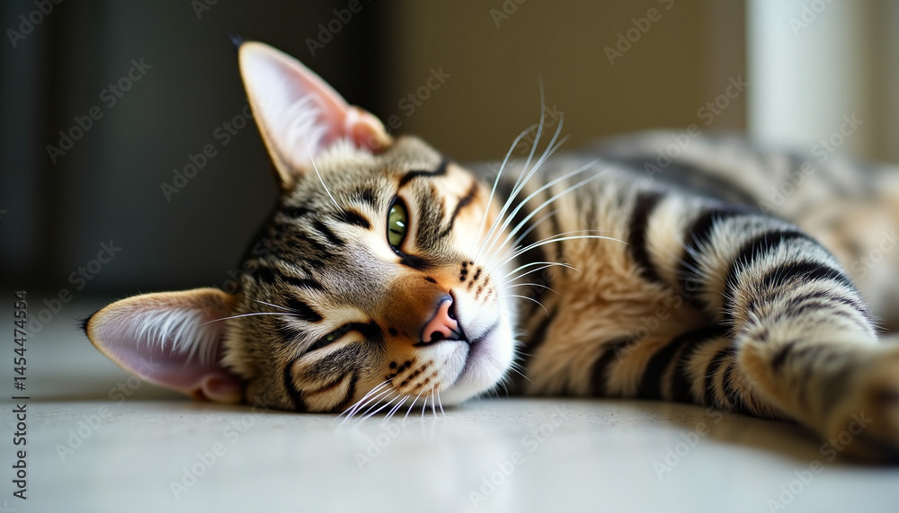 Naklejka premium Close-up Portrait of a Relaxed Tabby Cat Indoors