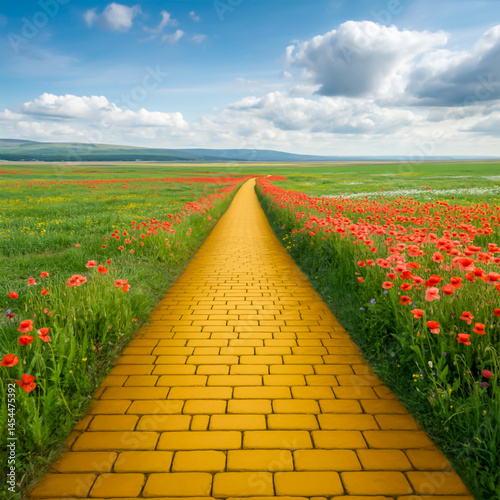 yellow brick road through green meadows with red poppy flowers fantasy summer outdoor background