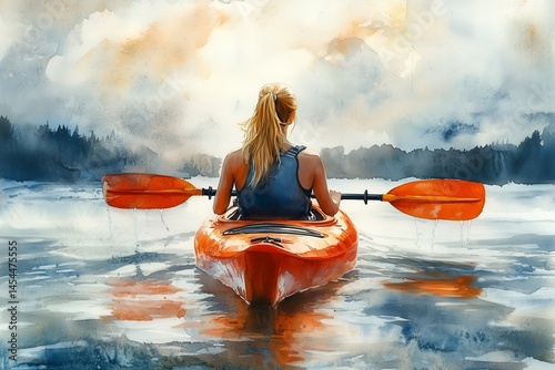 Watercolor painting of a female kayaking in water