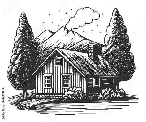 Rustic Cabin in Front of Mountains with Trees and Smoke Vector Art