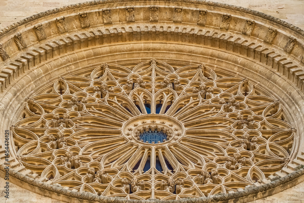 Beautiful rose window of the Cathedral of Santa Maria of Palma in Palma de Mallorca, Balearic Islands, Spain.