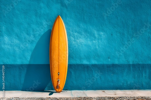 Bright Orange Surfboard Against Vibrant Blue Wall Background