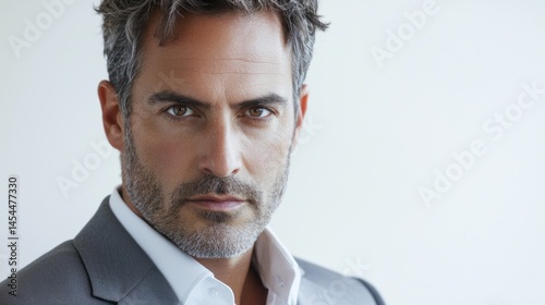 Professional male model, serious face, gray suit, clean white background, high fidelity