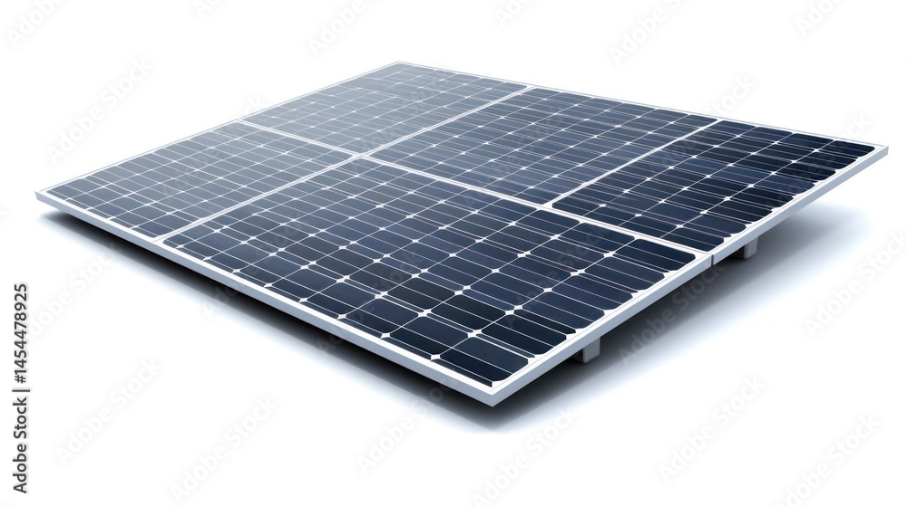 A solar panel array with four solar panels mounted on a metal frame, set against a white background. A solar panel array with four solar panels mounted on a metal frame, set against a white background.