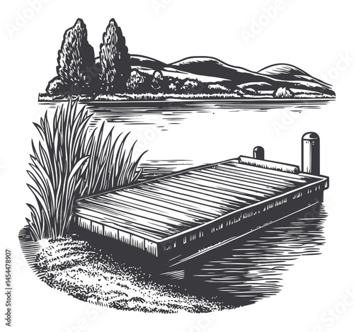Scenic Wooden Dock by Calm Water with Trees and Hills in Background