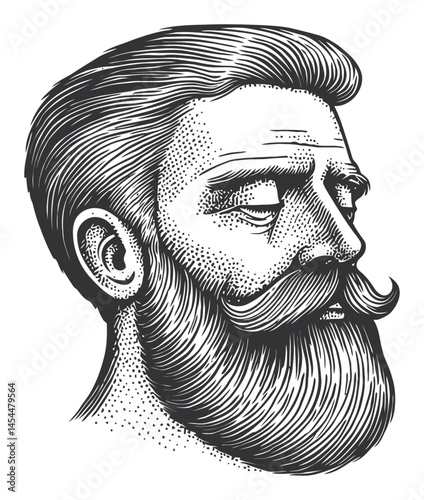Vintage Style Bearded Man with Detailed Hair and Facial Expression