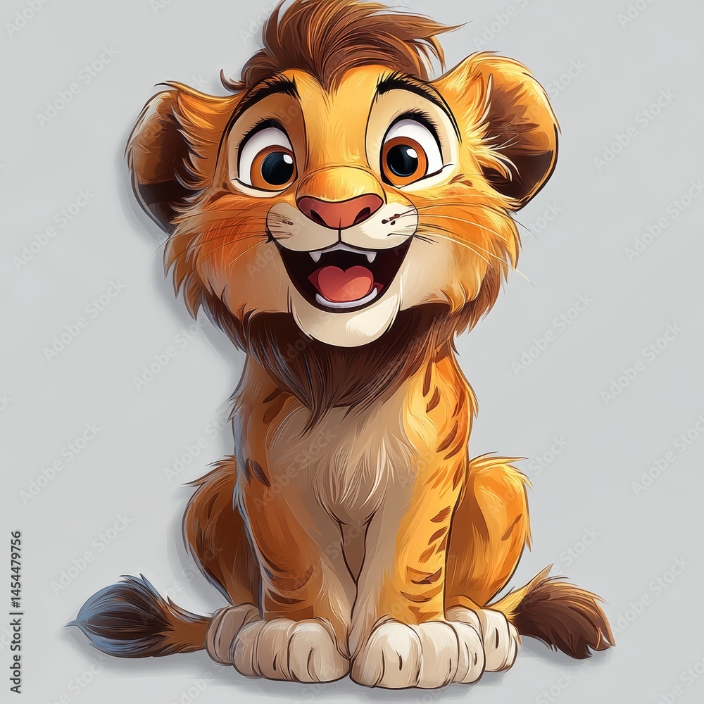 Obraz premium Adorable Happy Lion Cub Cartoon Illustration
