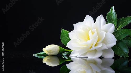 Elegant white flower arrangement on black background.