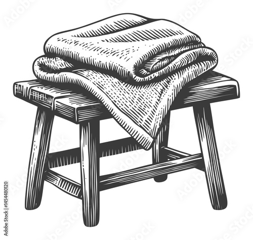 Hand-drawn vector illustration of wooden stool with folded blanket