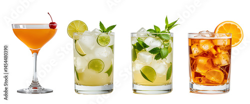 four different cocktail drinks like lemonade isolated on transparent background 