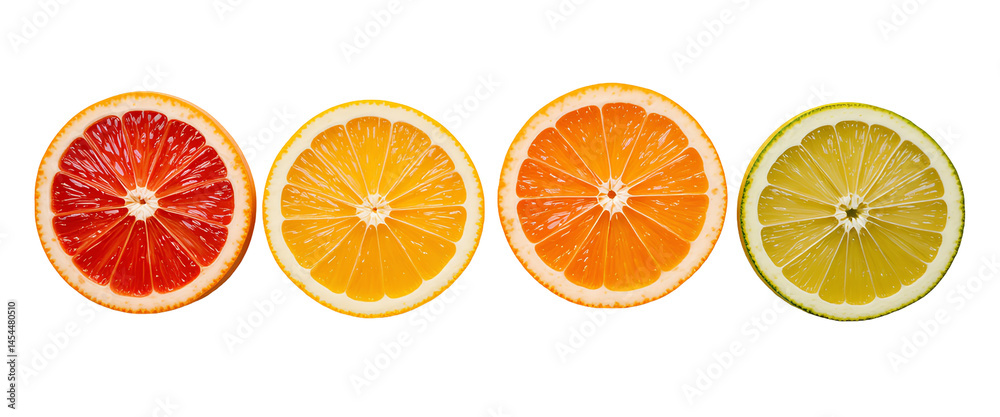 Obraz premium Four citrus slices arranged horizontally isolated on transparent background 