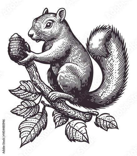Detailed Black and White Illustration of a Squirrel with Nut and Leaves