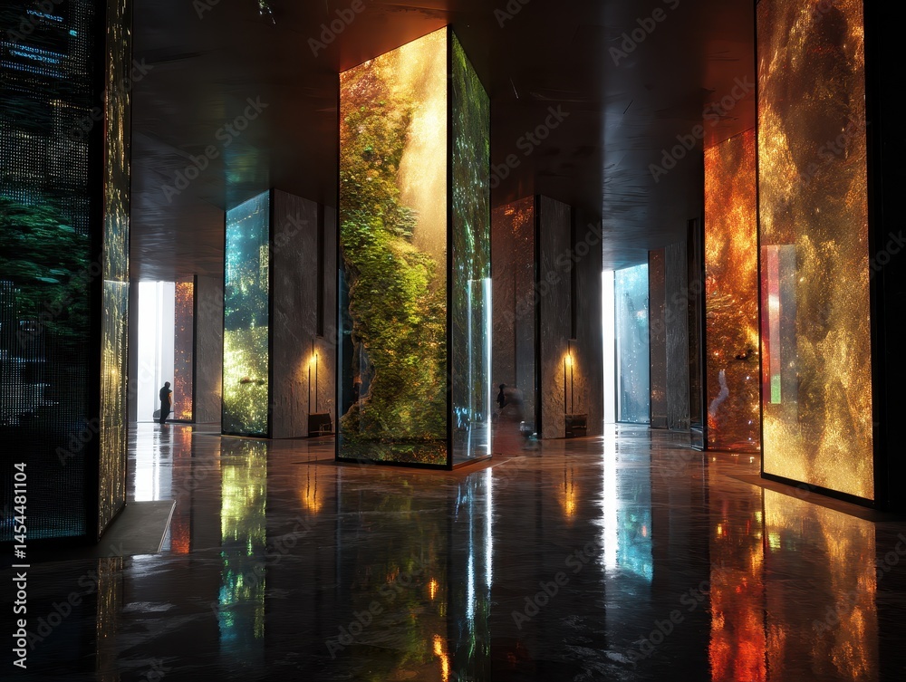 Fototapeta premium Luminous pillars illuminate a vast hall, reflecting off the polished floor, creating an immersive art experience within a modern space.