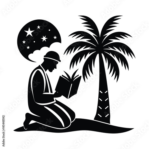 Silhouette of Arab man reading Quran under palm tree with desert theme in black on white  