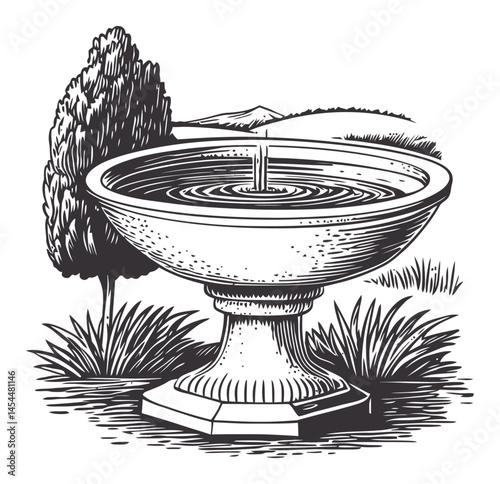 Elegant Stone Fountain with Surrounding Landscape in Vintage Vector Style