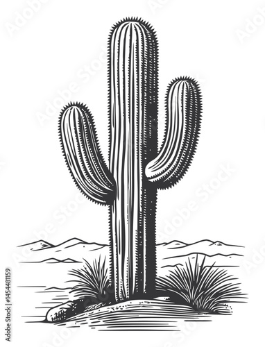 Detailed Black and White Vector Illustration of a Saguaro Cactus