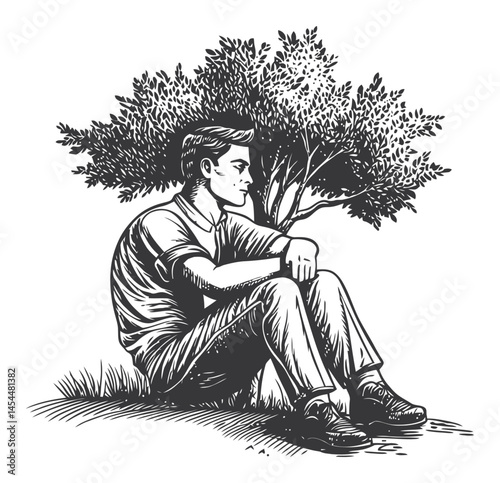 Thoughtful Man Sitting Under a Tree in Vintage Vector Style Illustration