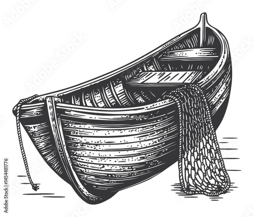 Detailed Black and White Illustration of a Vintage Fishing Boat