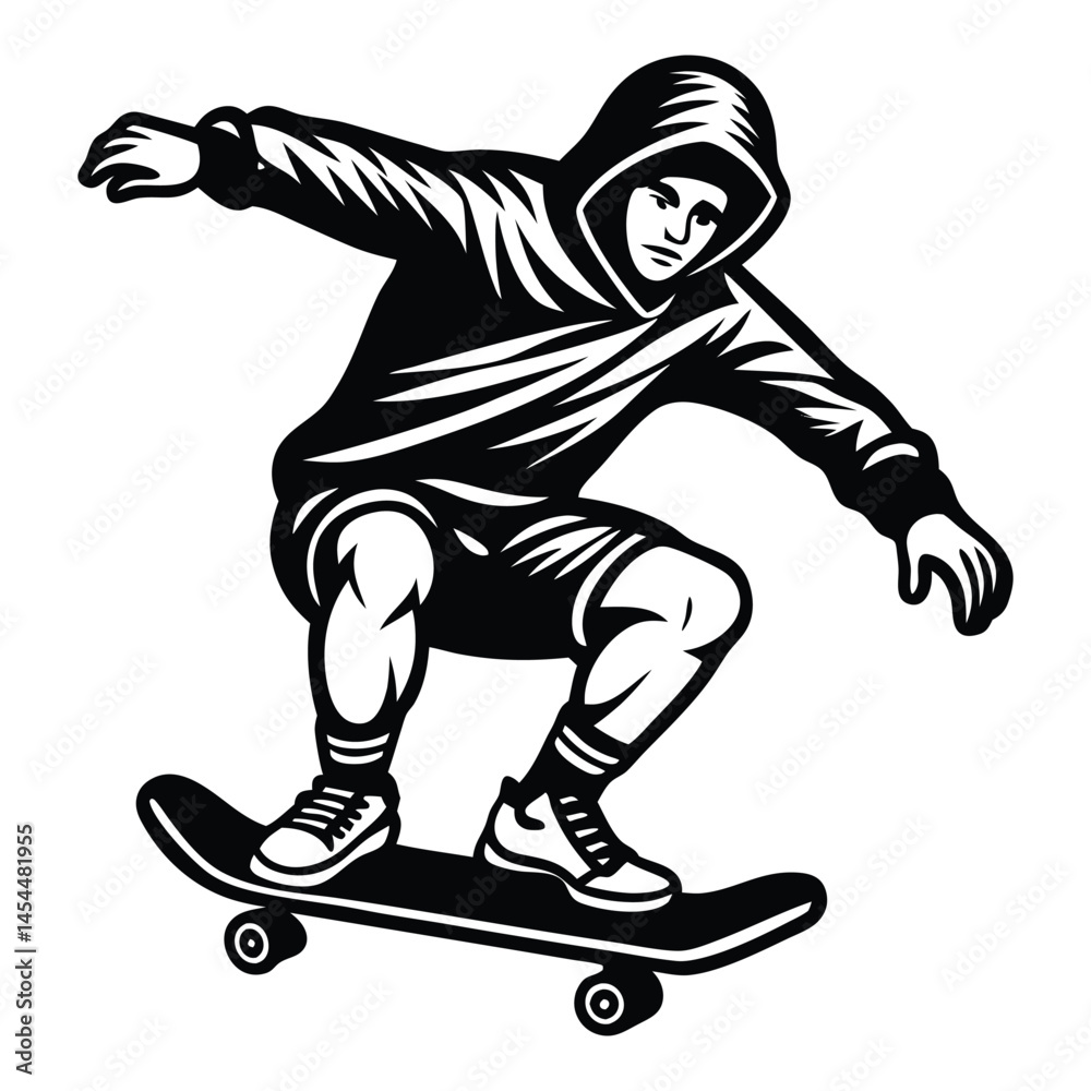 Fototapeta premium Skateboarder Vector Illustration, White Silhouette, Action Sport, Skateboarding Stunt