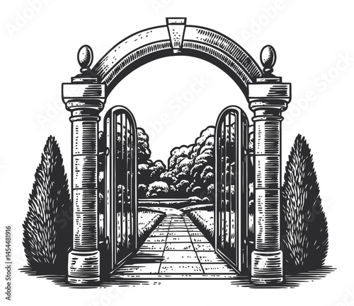 Vintage Garden Gate with Arch and Lush Surroundings in Black and White