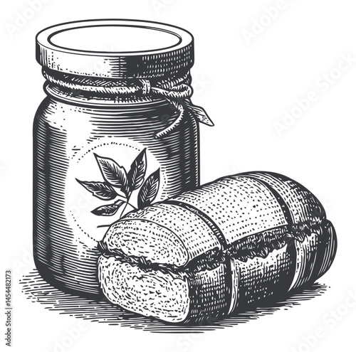 Vintage Style Jar with Leaf and Bread Loaf in Detailed Vector Illustration