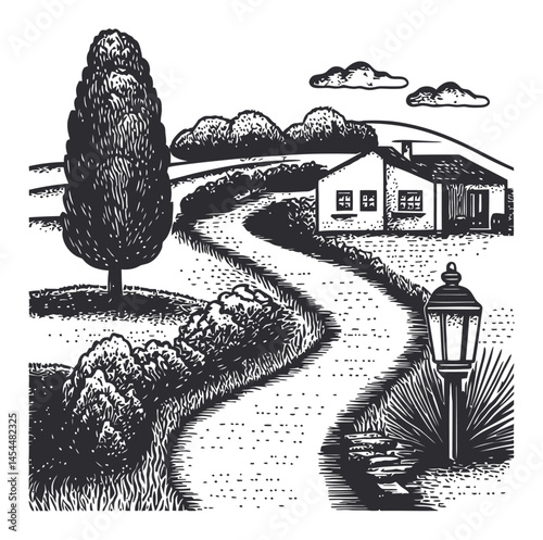 Elegant Vector Scene of a Serene Country Pathway with Village Home