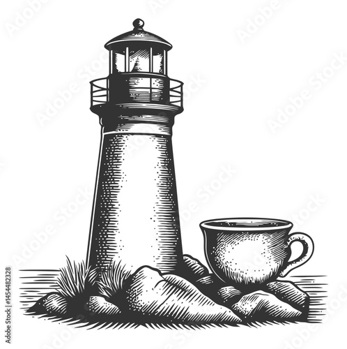 Vintage Lighthouse Illustration with Cup and Rocks in Engraved Style