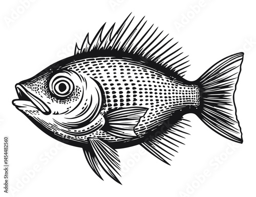 Detailed Black and White Vector Illustration of a Fish with Spines