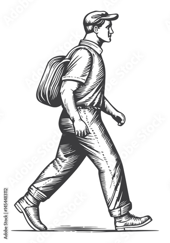 Hand-Drawn Man Walking with Backpack in Classic Vintage Vector Style