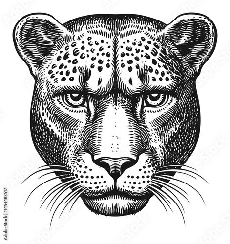 Detailed Hand-Drawn Vector Illustration of a Leopard Face in Monochrome