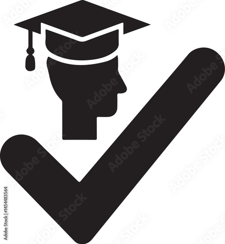 Black and white educational silhouette icon of a human head with a graduation cap inside a checkmark symbolizing achievement certification success or learning goals