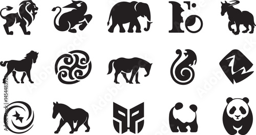 Clean vector animal logo collection in black silhouette style showcasing a range of creatures including lion elephant horse dog cat cow pig and sheep for creative branding