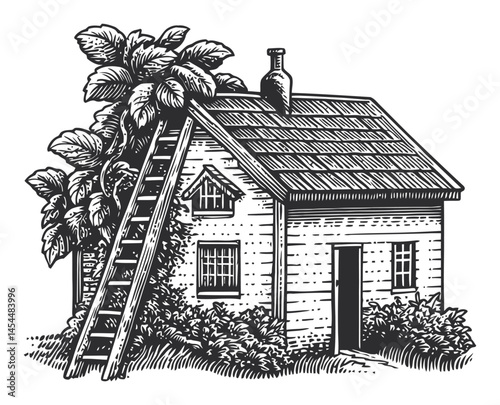 Vintage Style Vector Illustration of a Quaint Cottage Surrounded by Nature