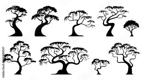 Silhouetted deciduous tree illustration collection featuring various branching patterns from simple to complex in black on white ideal for nature designs and landscape themes
