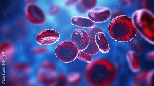 A group of red blood cells floating in a blue liquid with a blurred background. photo