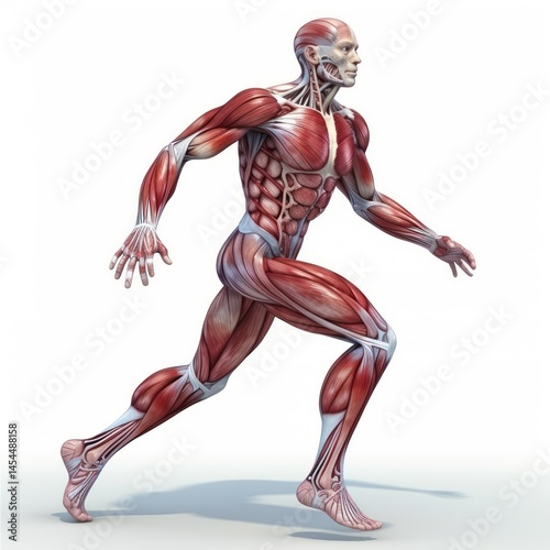 A muscular human figure in a running pose, with visible muscles and tendons, against a white background.