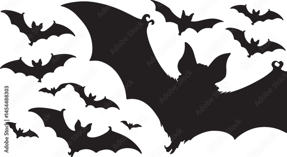 Naklejka premium Black and white Halloween themed illustration showing bats in mid flight with one large bat baring its sharp teeth on a white background for spooky or seasonal design