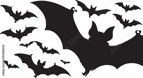 Black and white Halloween themed illustration showing bats in mid flight with one large bat baring its sharp teeth on a white background for spooky or seasonal design