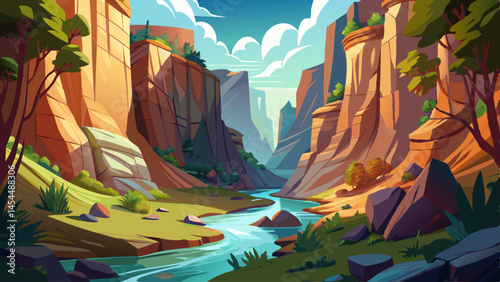 A hidden canyon with a tranquil stream flows between towering stone cliffs