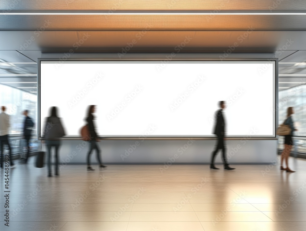 Fototapeta premium Blank Billboard Mockup in Modern Airport Terminal with Blurred Business People
