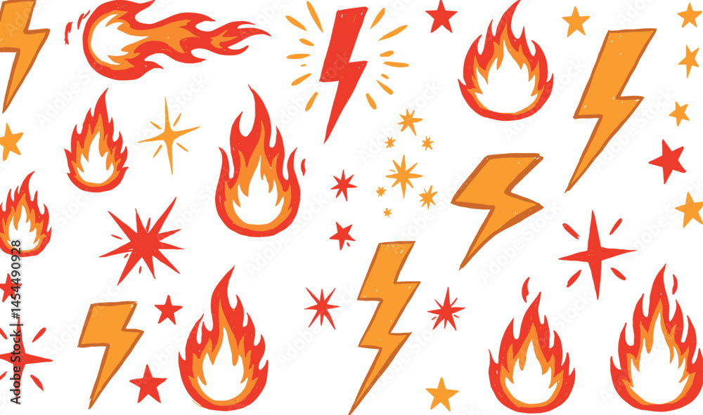 Fire, thunder, star doodle icon. Flame, lightning bolt, star crayon pencil simple scribble set. Hand drawn cartoon hot element. Flash lightning fire star pastel pattern bg.