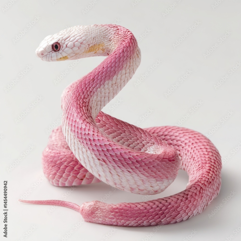 Fototapeta premium Pink snake posing on white background, leucistic texas rat snake showing its scales
