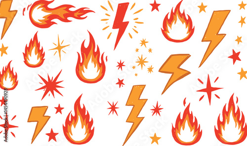 Fire, thunder, star doodle icon. Flame, lightning bolt, star crayon pencil simple scribble set. Hand drawn cartoon hot element. Flash lightning fire star pastel pattern bg.