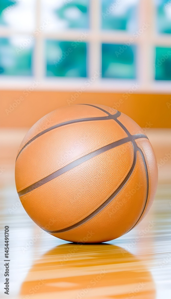 A leather basketball rests on a polished hardwood court, near a bright window A leather basketball rests on a polished hardwood court, near a bright window