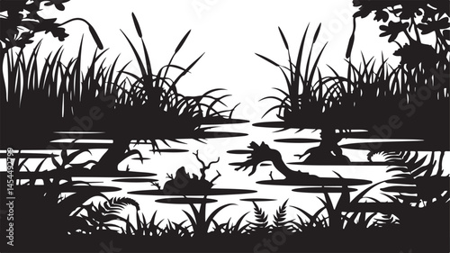 Wild landscape illustration with black silhouettes of swamp plants including shoots reeds and stumps drawn on a white background to show nature’s quiet complexity