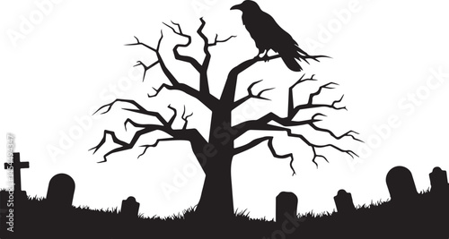 Silhouetted raven sitting on a leafless tree limb with a stark white background representing themes of mystery darkness solitude and classic gothic symbolism in nature