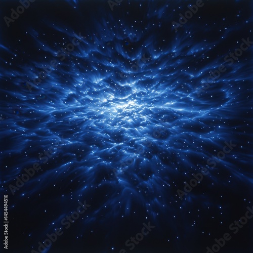 A glowing blue, cosmic explosion radiates outward through deep space, surrounded by countless tiny stars and swirling light.