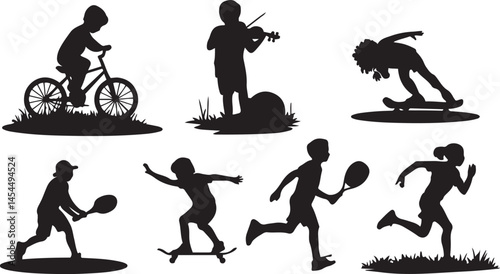 Silhouette collection of children engaging in various outdoor activities including riding bikes playing sports and exploring nature promoting healthy fun and active lifestyles
