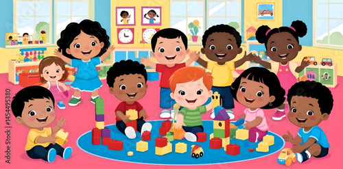 Children playing in a colorful kindergarten classroom